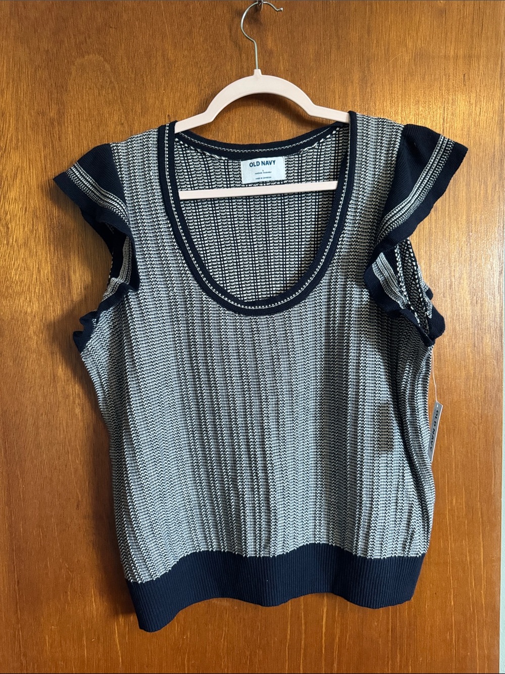 Old Navy Navy and Cream Knit Ruffle Sleeve Tank Top